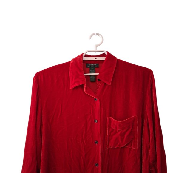 Ralph Lauren shirt womens Large red velvet velour button up Holiday rayon silk - Picture 3 of 4
